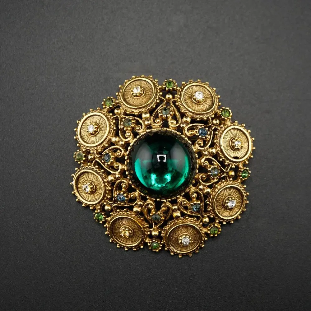Vintage Florenza Demi Parue Brooch Earrings Green Cabochon Victorian Revival Set